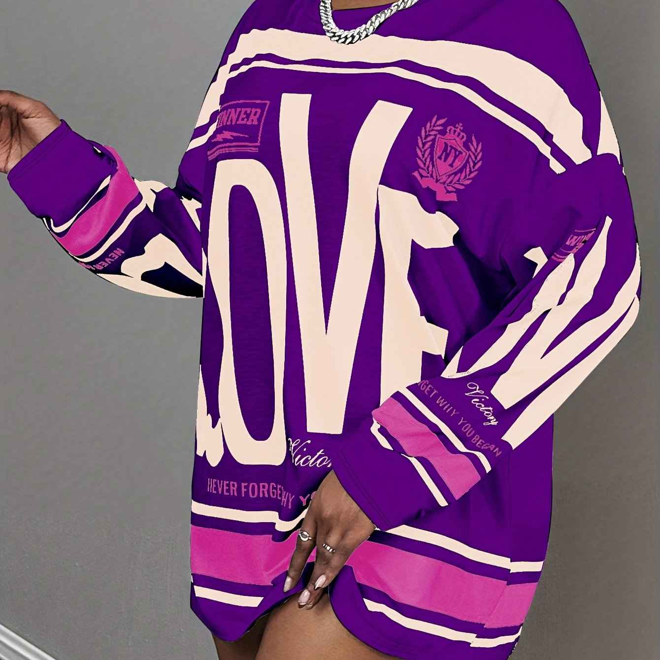 Plus Size - Plus Size - Plus Size - Plus Size - Plus Size Women'S Oversized "LOVE" Letter Print Long Sleeve T-Shirt - Casual Streetwear Style with Pink & Stripes, Comfortable Fabric For All Seasons, Versatile Fashion Top, Plu