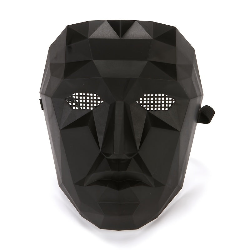 [Playful] Adjustable Black Full-Face Costume Mask for Adults - Funky Soldier Design with White Triangle & Circle Patterns, Breathable Plastic, Ideal for Halloween & Cosplay Parties, Roleplaying Prop | Playful Design | Secure SS69 8.69 Boss Style