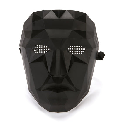 [Playful] Adjustable Black Full-Face Costume Mask for Adults - Funky Soldier Design with White Triangle & Circle Patterns, Breathable Plastic, Ideal for Halloween & Cosplay Parties, Roleplaying Prop | Playful Design | Secure SS69 8.69 Boss Style