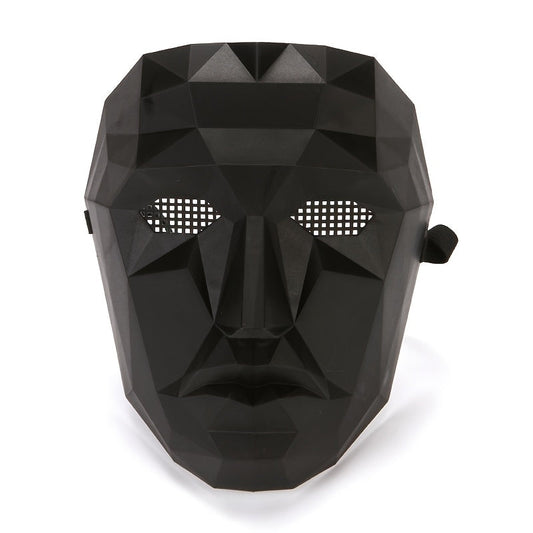 [Playful] Adjustable Black Full-Face Costume Mask for Adults - Funky Soldier Design with White Triangle & Circle Patterns, Breathable Plastic, Ideal for Halloween & Cosplay Parties, Roleplaying Prop | Playful Design | Secure SS69 8.69 Boss Style