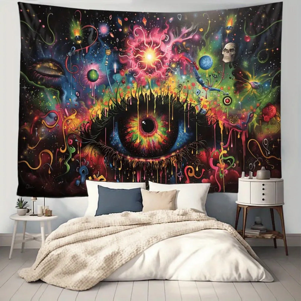 1pc Vibrant Psychedelic Eye Tapestry Wall Hanging – Contemporary Polyester Art with Cosmic Design, No Feathers, Electricity-Free, Perfect for Living Room & Bedroom Decor, Festive Room Accent | Psychedelic Wall Art | Woven T SS69