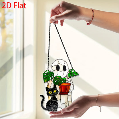 2D Flat, 2D Flat Cute Ghost Plant And Black Cat ACRYLIC Suncatcher, Ghost Monstra Window Hanging, Hangings Plant Lover Gift, Black Cat Lover, Mom Gift, Halloween Decor Acrylic Ornament Art Christmas Ornament, Car Interiors, 2 SS69