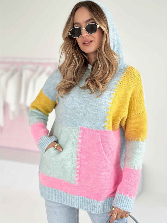 Plus Size Women's Elegant Hooded Sweater • Pastel Pink & Yellow Colorblock Long Sleeve Pullover • Cozy Front Pocket Fall/Winter Sweater • Everyday & Formal Outfits • Cute Casual Winter Wear • Durable Colorblock Desi
