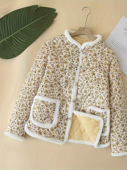 Plus Size, Women's Chinese Style Winter Coat with Cheona Collar (Standing Pronunciation) - Thick Padded Warm Jacket, Retro Button Front, Zipper Back Closure, Machine Washable Outerwear