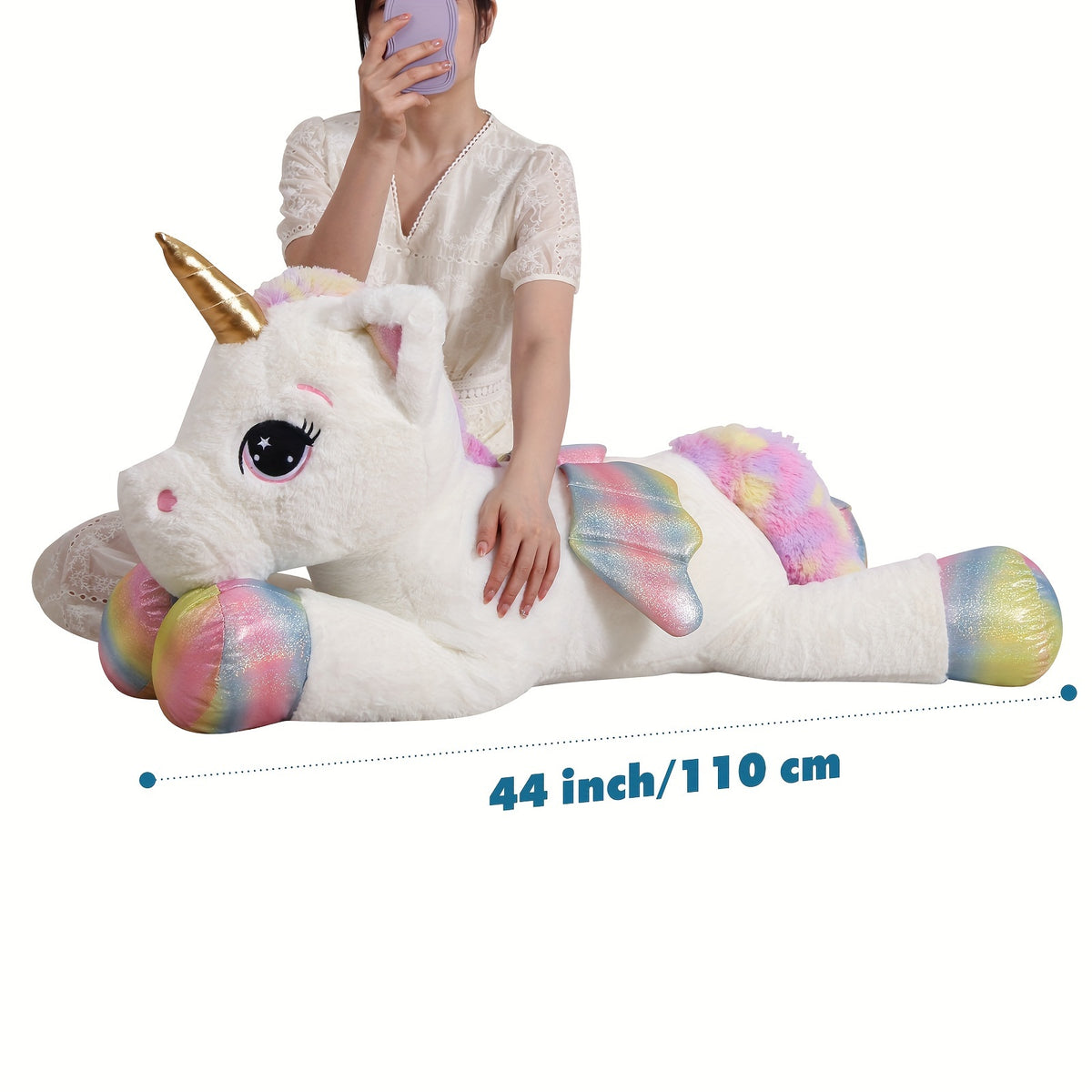 Giant Unicorn Plush Toy, White Soft & Cuddly Stuffed Animal with Rainbow Mane, Playful Design, Perfect Birthday Christmas or Halloween Gift for Youngsters Girlfriend or Boys, 44