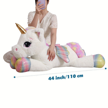 Giant Unicorn Plush Toy, White Soft & Cuddly Stuffed Animal with Rainbow Mane, Playful Design, Perfect Birthday Christmas or Halloween Gift for Youngsters Girlfriend or Boys, 44", Cozy Body Pillow, Best for Christmas Perfect