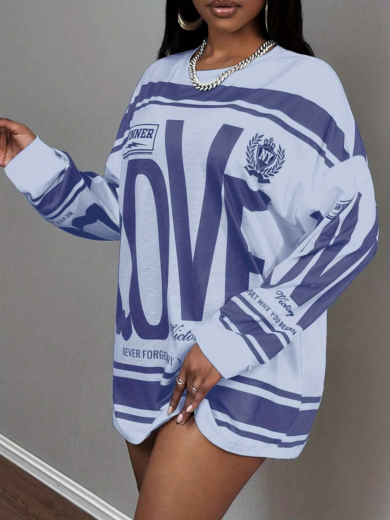 Plus Size - Plus Size - Plus Size - Plus Size - Plus Size Women'S Oversized "LOVE" Letter Print Long Sleeve T-Shirt - Casual Streetwear Style with Pink & Stripes, Comfortable Fabric For All Seasons, Versatile Fashion Top, Plu