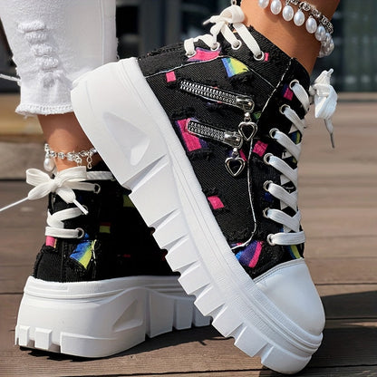 Heart Print Double Zipper Design Lace-up Sneakers SS69