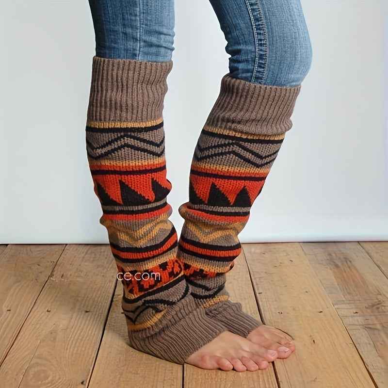 1 Pair Women'S Thermal Calf Socks - Winter Warmth with Multicolor Geometric Patterns (/Orange/Red/Teal/ - Soft Blend - Machine Washable, - Ideal For Skiing, Travel, Daily Wear - Cold Weather Essentials, Winter Socks, Colorblo