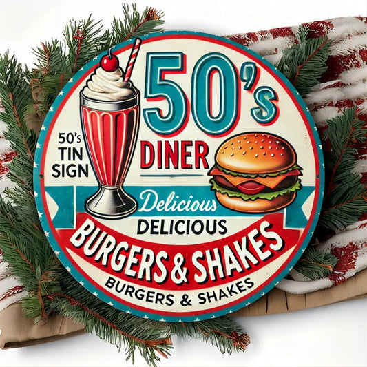 1 Vintage 50'S Diner Metal Sign - Classic Burger & Shake Design, Ideal for Retro Restaurants or Nostalgic Home Kitchen Walls, Durable Iron, 8x8 Inches, Food Wall Art, Perfect for Room Decor SS69