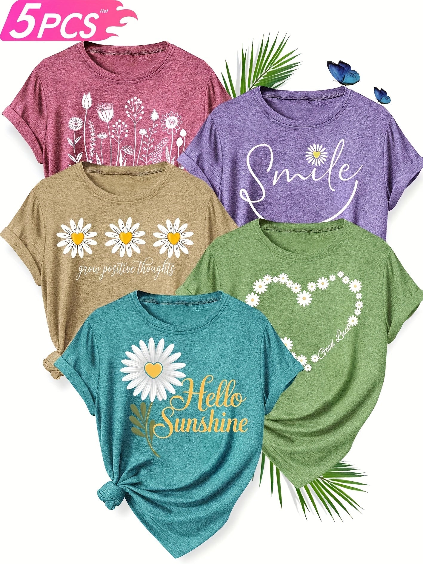 5pcs Women'S Casual Crew Neck Short Sleeve T-Shirts - Floral, Heart, and Smile Print Designs in Purple, Green, Pink, and Blue - Soft Stretch Fabric for Spring, Summer, and Fall, Plus Sizes Available, Plus Size Tee | Floral Pr SS69