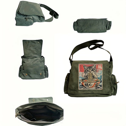 Large Capacity Shoulder Bag, Vintage Tote Crossbody Bag, Messenger Bag, Cat Eating Ramen Print, Suitable for Various Scenarios, Perfect Gift Choice for Shopping, Travel, and Dining Out SS69