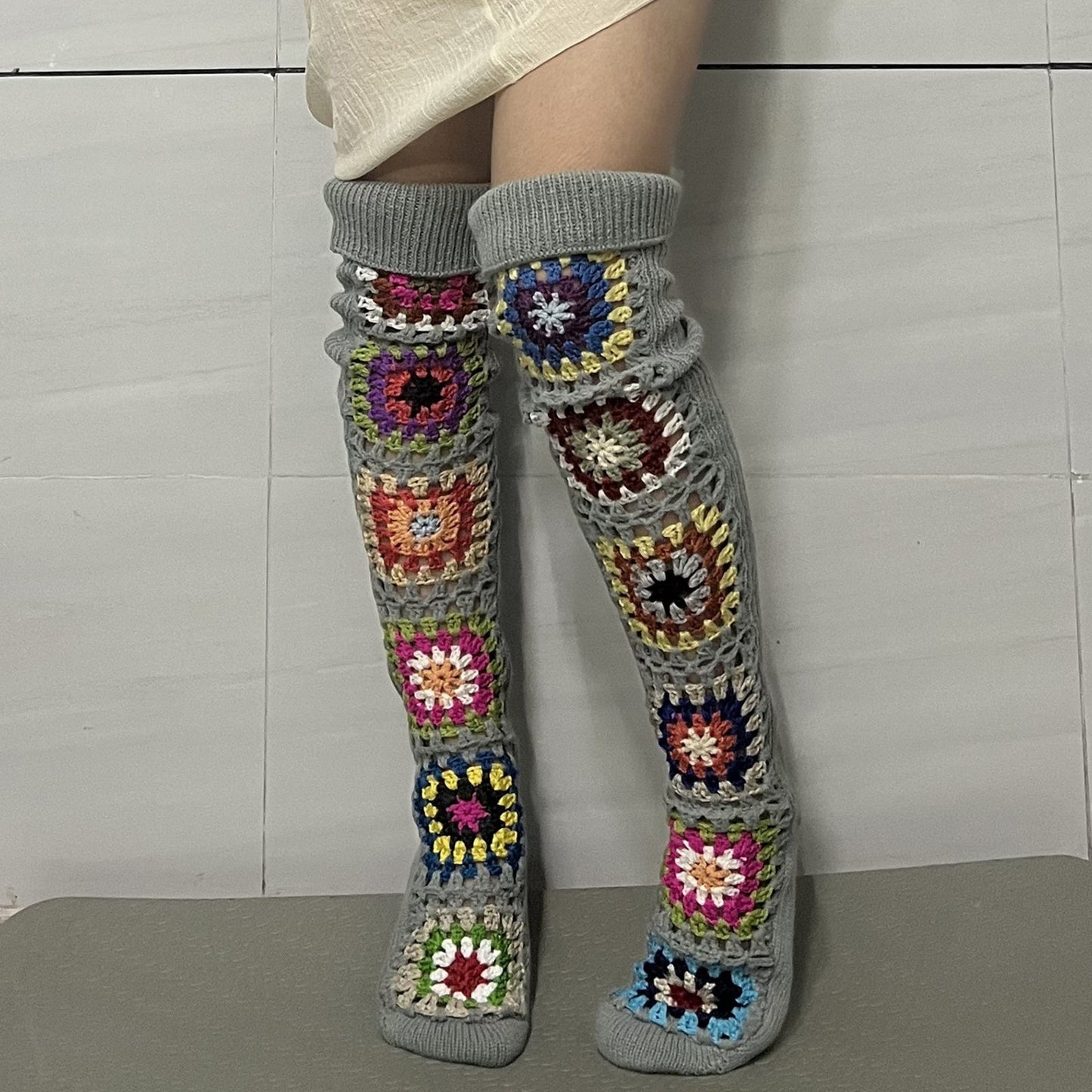 Cozy Winter Thigh Socks - Long Knit Over Knee Stockings - Boho Leg Warmers Crochet SS69