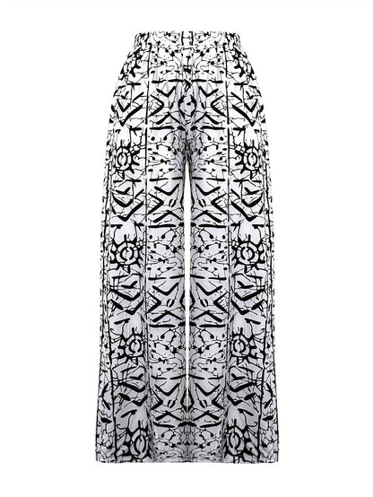 Newspaper Print Wide Leg Pockets Pants, Casual & Versatile High Waist Pants For Spring & Summer, Women's Clothing SS69