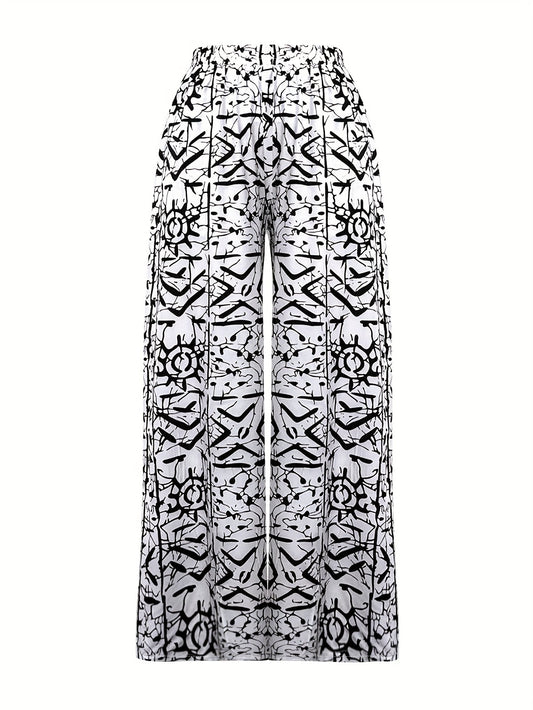 Newspaper Print Wide Leg Pockets Pants, Casual & Versatile High Waist Pants For Spring & Summer, Women's Clothing SS69