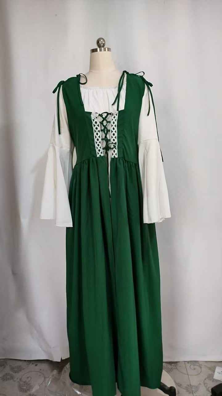 [Elegant Medieval Costume] Elegant Women's Medieval Two-Piece Costume - Renaissance Drama Outfit with Corset-like Bodice & Long Flowing Skirt | Halloween, Renaissance Faire, Themed Parties | Burgundy/White, Black/White, Green