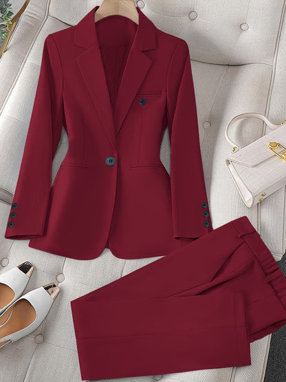 Women'S Casual Two-Piece Set, Fashionable Business Style, Solid Color, Long Sleeve, Polyester, with Lapel Collar, and Pants, for All Seasons SS69