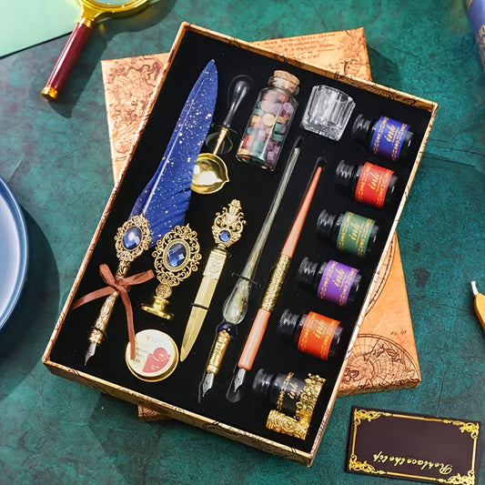 Antique Vintage Quill Pen and Ink Set - Gem Feather Pen Set with Glass Dip Pen, Wooden Dip Pen, Fire Lacquer Wax Beads, Spoon, Seal Stamp, Candle, Pen Base, Cup - Unique Gift for Writers, Artists & History Enthusiasts - Perfe SS69