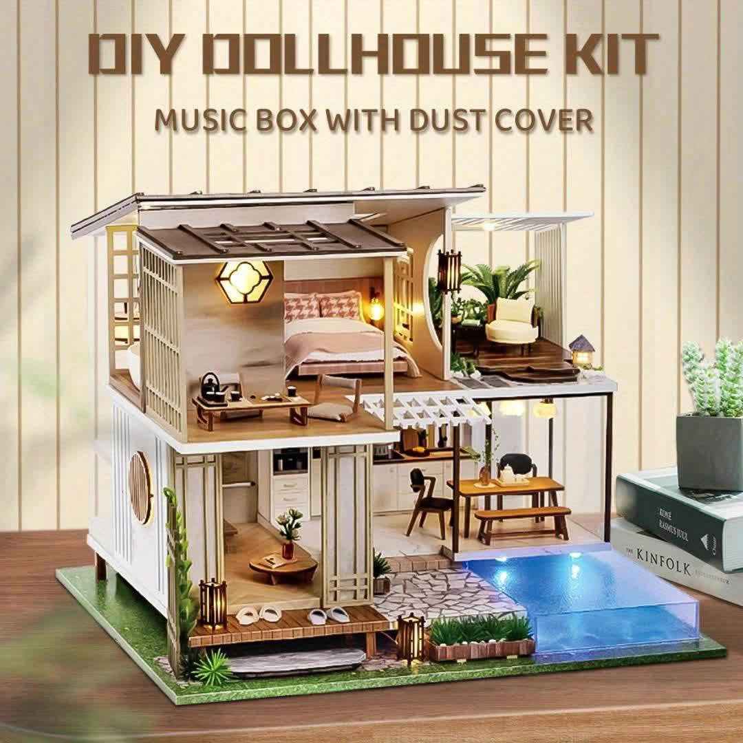 A Miniature Dollhouse Kit Featuring Furniture, a Wooden House Model Complete with a Dust Cover And a Music Box, Designed at a 1:24 Scale, Perfect As an Elegant Gift for Adult Friends Or Lovers on Their Birthday (Glue Not Incl