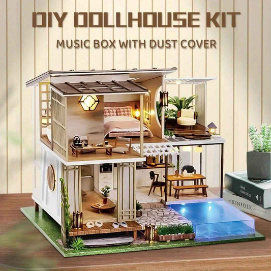 A Miniature Dollhouse Kit Featuring Furniture, a Wooden House Model Complete with a Dust Cover And a Music Box, Designed at a 1:24 Scale, Perfect As an Elegant Gift for Adult Friends Or Lovers on Their Birthday (Glue Not Incl