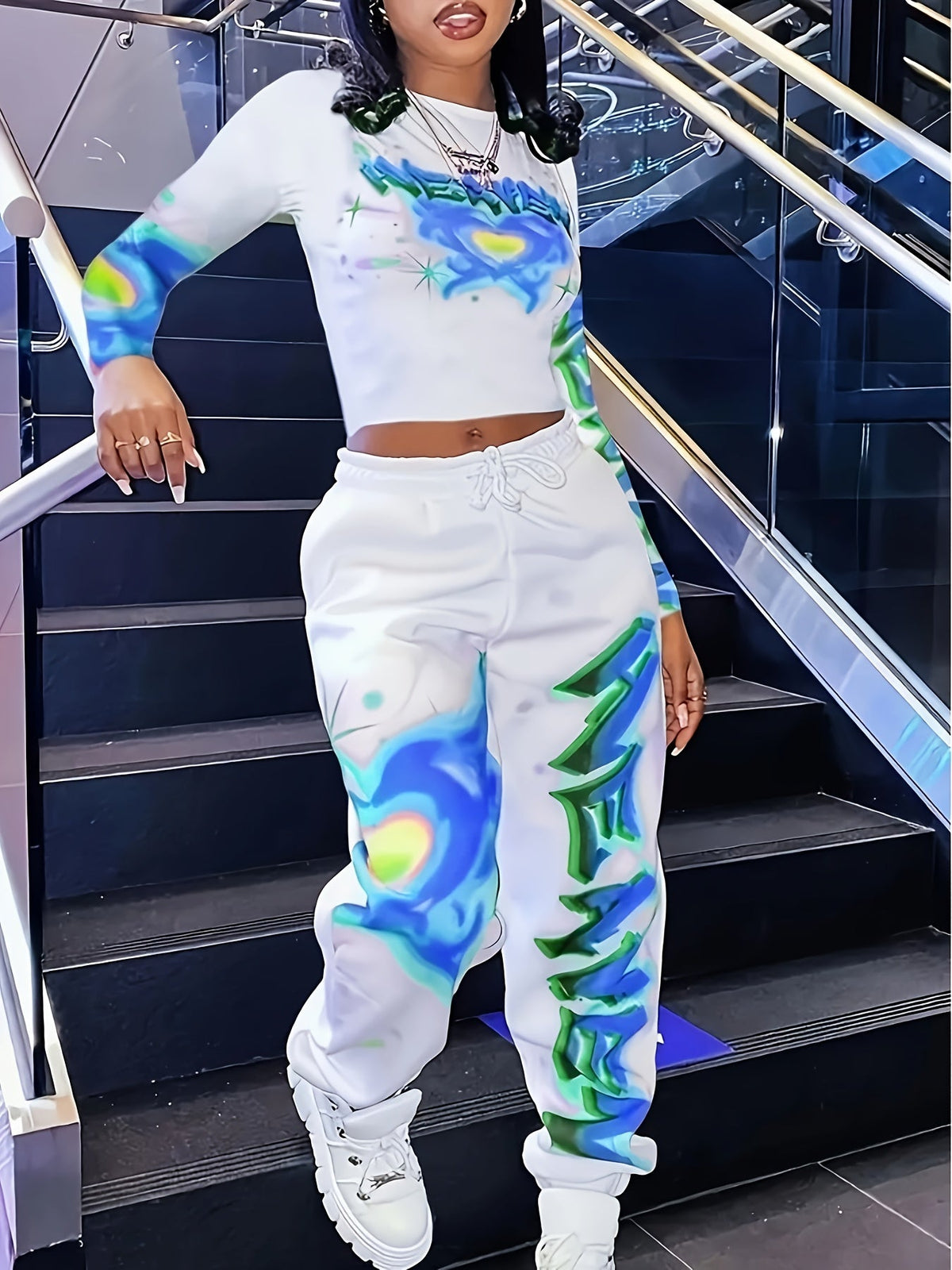 [Vibrant Y2K-Inspired Activewear Set] Vibrant Y2K-Inspired Heart & Letter Print Activewear Set - Long Sleeve Crop Top & Drawstring Joggers, Polyester/Spandex Blend, Perfect for Daily Fitness & Outdoor Fashion SS69