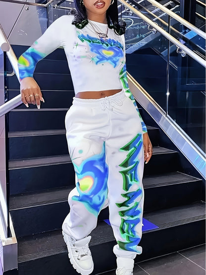 [Vibrant Y2K-Inspired Activewear Set] Vibrant Y2K-Inspired Heart & Letter Print Activewear Set - Long Sleeve Crop Top & Drawstring Joggers, Polyester/Spandex Blend, Perfect for Daily Fitness & Outdoor Fashion SS69