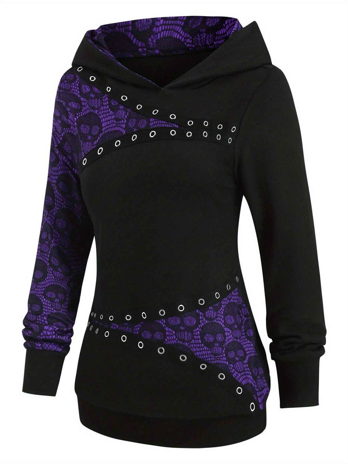 Women's Gothic Retro Skull & Lace-like Hooded Sweater - Black & White Color-Block Long Sleeve with Metal Grommet Eyelets, Slim-Fit Winter Warm Pullover, Machine Washable for Casual & Costume Outfits