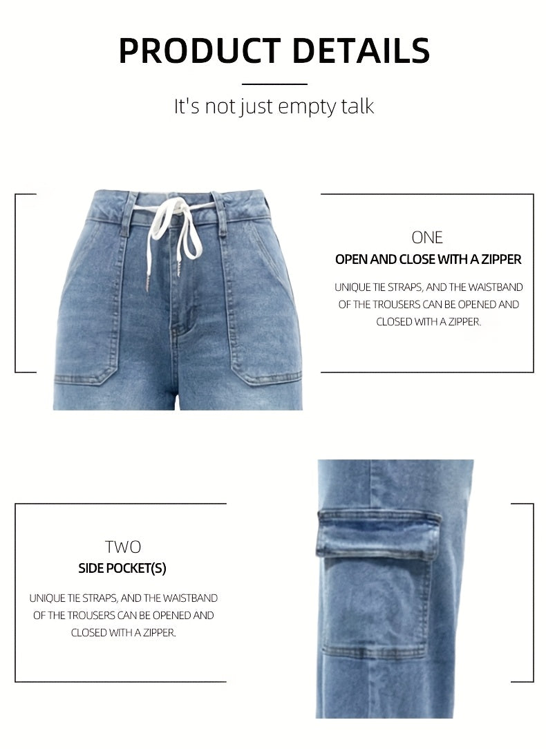 2025 New Style Women'S Leisure Straight-leg Jeans With Laces And Multiple Pockets. Casual Fashion Denim Fabric Sweatpants Jeans Fit Womenswear - SS69 