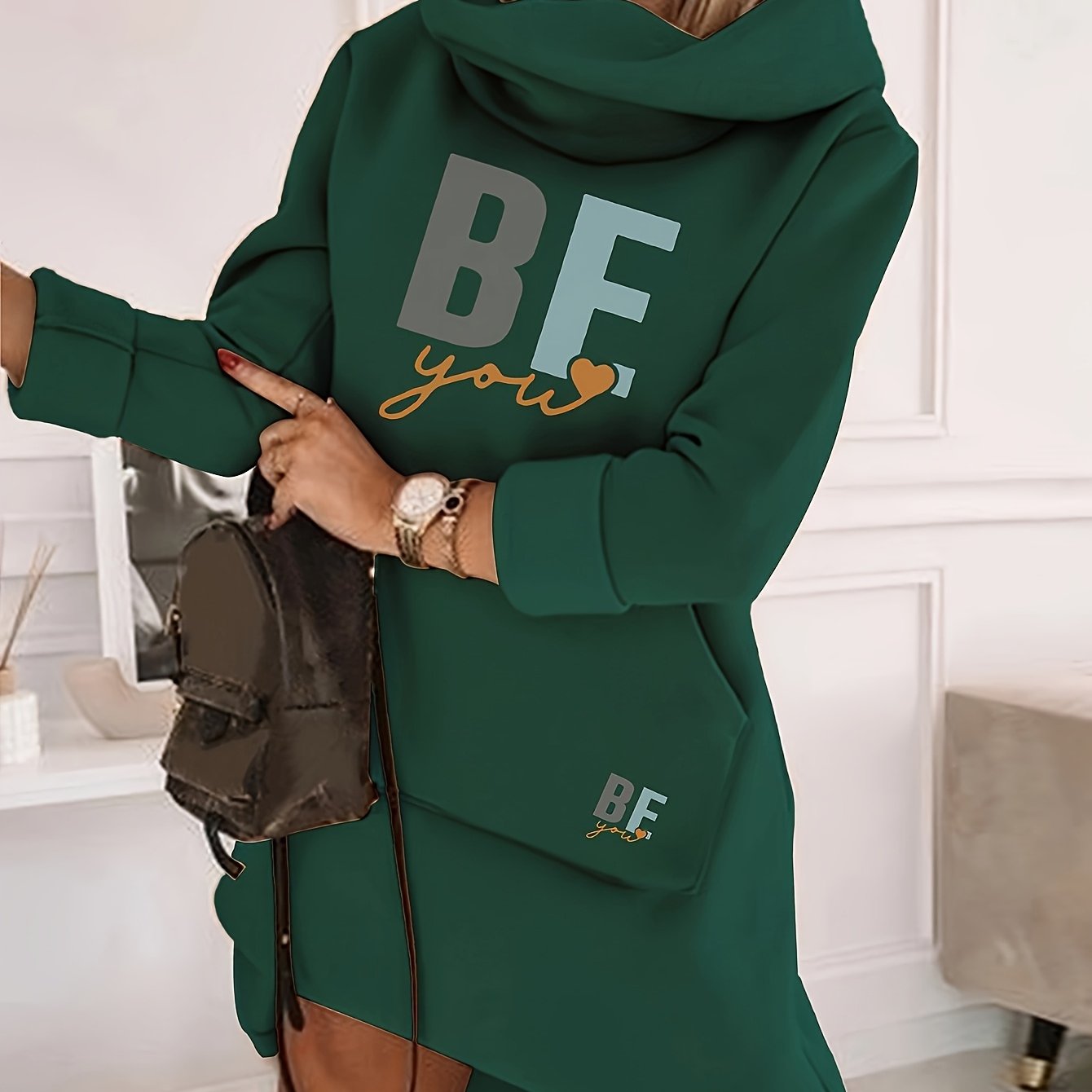 Women's Fashion Hooded Tunic Dress, 100% Polyester Knit Fabric, Geometric Pattern, Applique Detail, for Spring/Summer/Fall - SS69