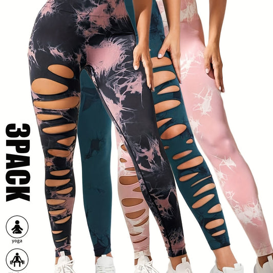 3 Pack High Waist Tie Dye Cutout Yoga Leggings - Scrunch Butt Lifting, Tummy Control, Elastic Workout Pants for Women SS69 42.69 3 Pack-BPN-DGN-PNK / M