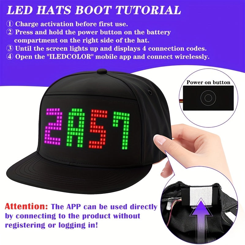 1 Programmable LED Display Hat, DIY Text Scrolling Information, APP Control, Multiple Patterns And Animations, Creative Hat, Adjustable Size, Suitable For Both Men And Women, Suitable For Gatherings And Carnivals, Halloween A SS69
