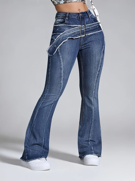 Plus Size Medium Stretch Vintage Style 1pc Flare Leg Jeans for Women, Polyester Blend, Raw Hem Detail, All-Season Solid Color Woven Denim with Decorative Belt Loops SS69