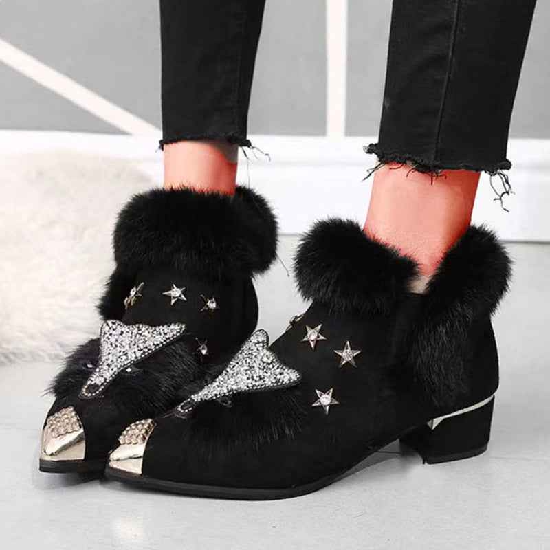 Fashio Pointed Toe faux fur Shoes for Women, Large Size, Fleece-Lined, Thick Heel, Thick Sole, Autumn Winter Warm Shoes