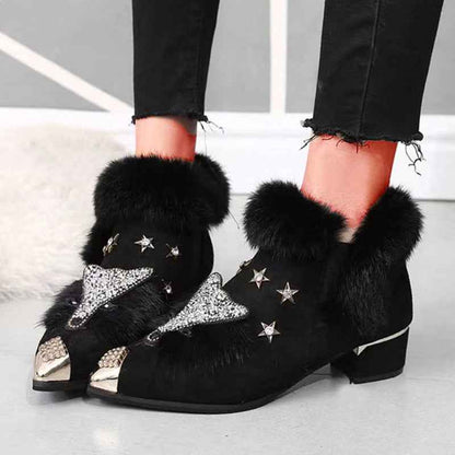 Fashio Pointed Toe faux fur Shoes for Women, Large Size, Fleece-Lined, Thick Heel, Thick Sole, Autumn Winter Warm Shoes