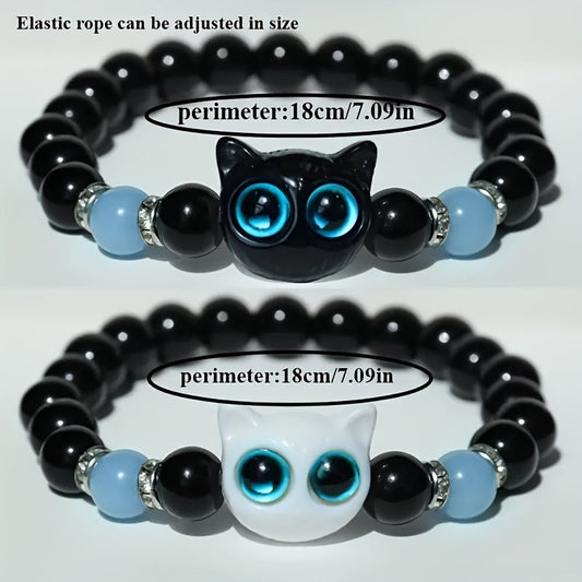 4pcs Light Up Cat Bead Bracelet + Multi-Layer Necklace, Vintage Cute Couple/ Friendship Light Up Adjustable Jewelry, Stretchy Black Bead Bracelet with Cat Decoration, Halloween/ Back-to-School Season SS69