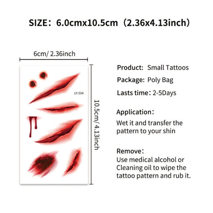 12 Sheets Halloween 3D Fake & Bloody Wound Temporary Tattoos for Adults - Realistic Horror Face & Body Paint with Lip, Jaw, Neck, Back, Leg Designs - Safe Non-Permanent Tattoo Makeup for Zombie Cosplay, Costume Parties & Pran SS69