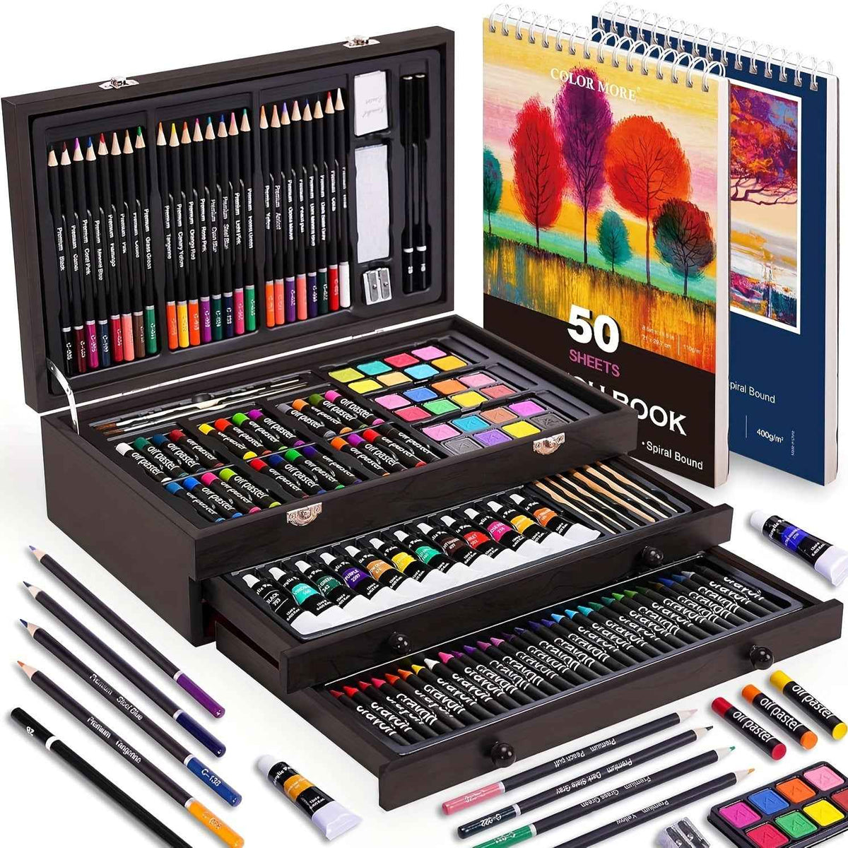 175pcs Deluxe Art Set With 2 Drawing Pads, Crayons, Acrylic Paints, Colored Pencils Set In Wooden Case, Professional Art Kit, Paint Supplies, Gift, Christmas & Halloween, Back To School