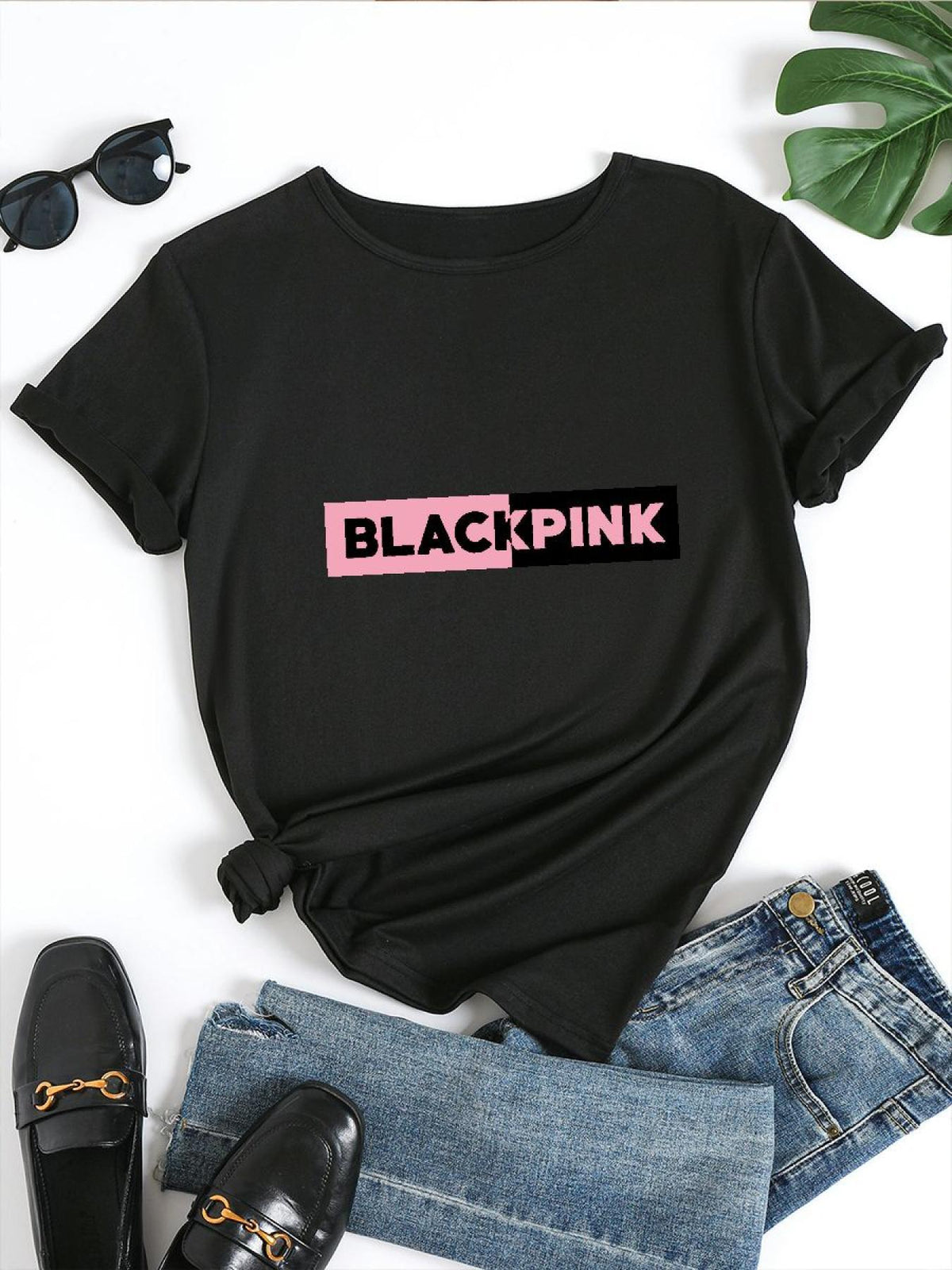 Blackpink Graphic Women's T-Shirt - Casual Short Sleeve Round Neck, Stretchy Polyester Blend, Embossed Floral & Letter Design, Perfect for Spring/Summer/Fall SS69