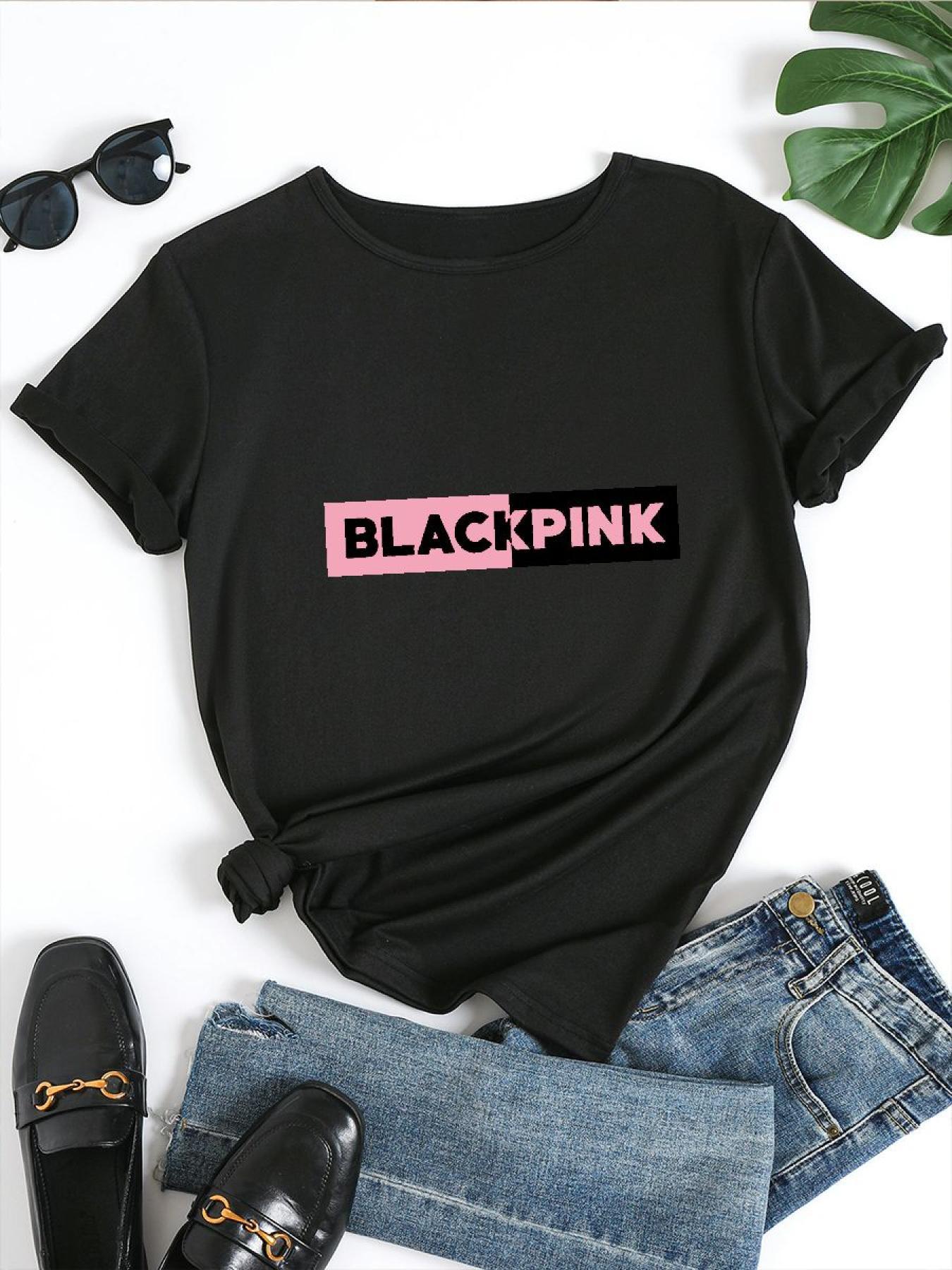 Blackpink Graphic Women's T-Shirt - Casual Short Sleeve Round Neck, Stretchy Polyester Blend, Embossed Floral & Letter Design, Perfect for Spring/Summer/Fall SS69