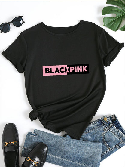 Blackpink Graphic Women's T-Shirt - Casual Short Sleeve Round Neck, Stretchy Polyester Blend, Embossed Floral & Letter Design, Perfect for Spring/Summer/Fall SS69