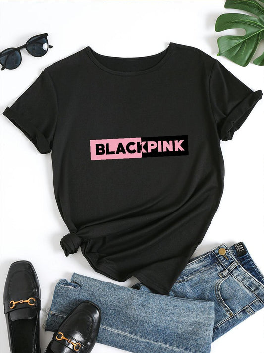 Blackpink Graphic Women's T-Shirt - Casual Short Sleeve Round Neck, Stretchy Polyester Blend, Embossed Floral & Letter Design, Perfect for Spring/Summer/Fall SS69