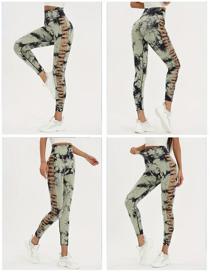Seamless Lady Tie-Dye Yoga Pants, Side Hollow Butt Lift Workout Fitness Tights, Jogging Sports Leggings, Gym Clothing - SS69