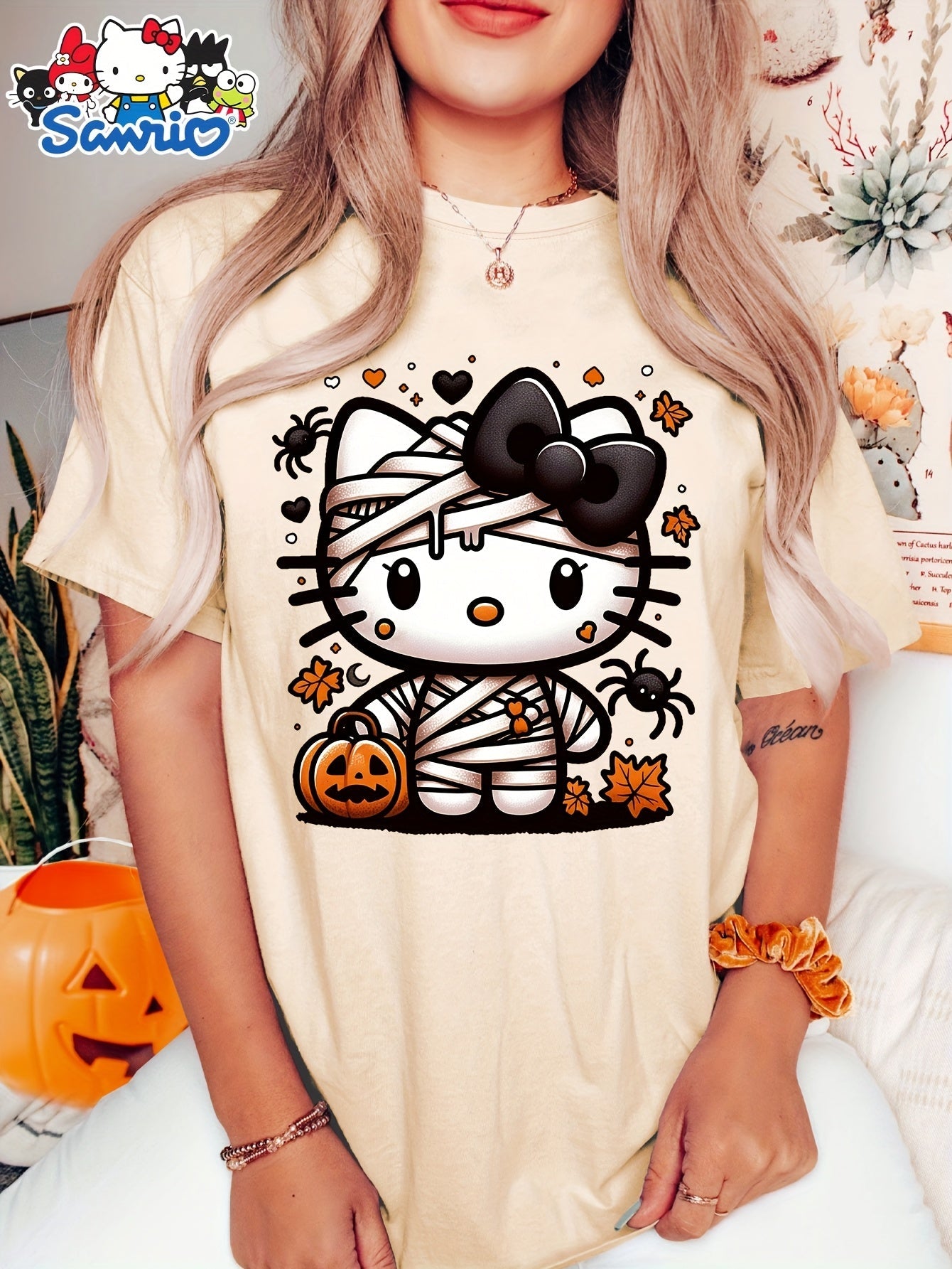 Sanrio Official Halloween Hello Kitty T-Shirt - Mummy Wrapped Graphic Tee with Orange Pumpkin, Casual Costume Party Outfit or Everyday Shirt for Women & Teens (S-XXL, Multi-Color Options) - Cute Sanrio Apparel, Halloween Clot SS69