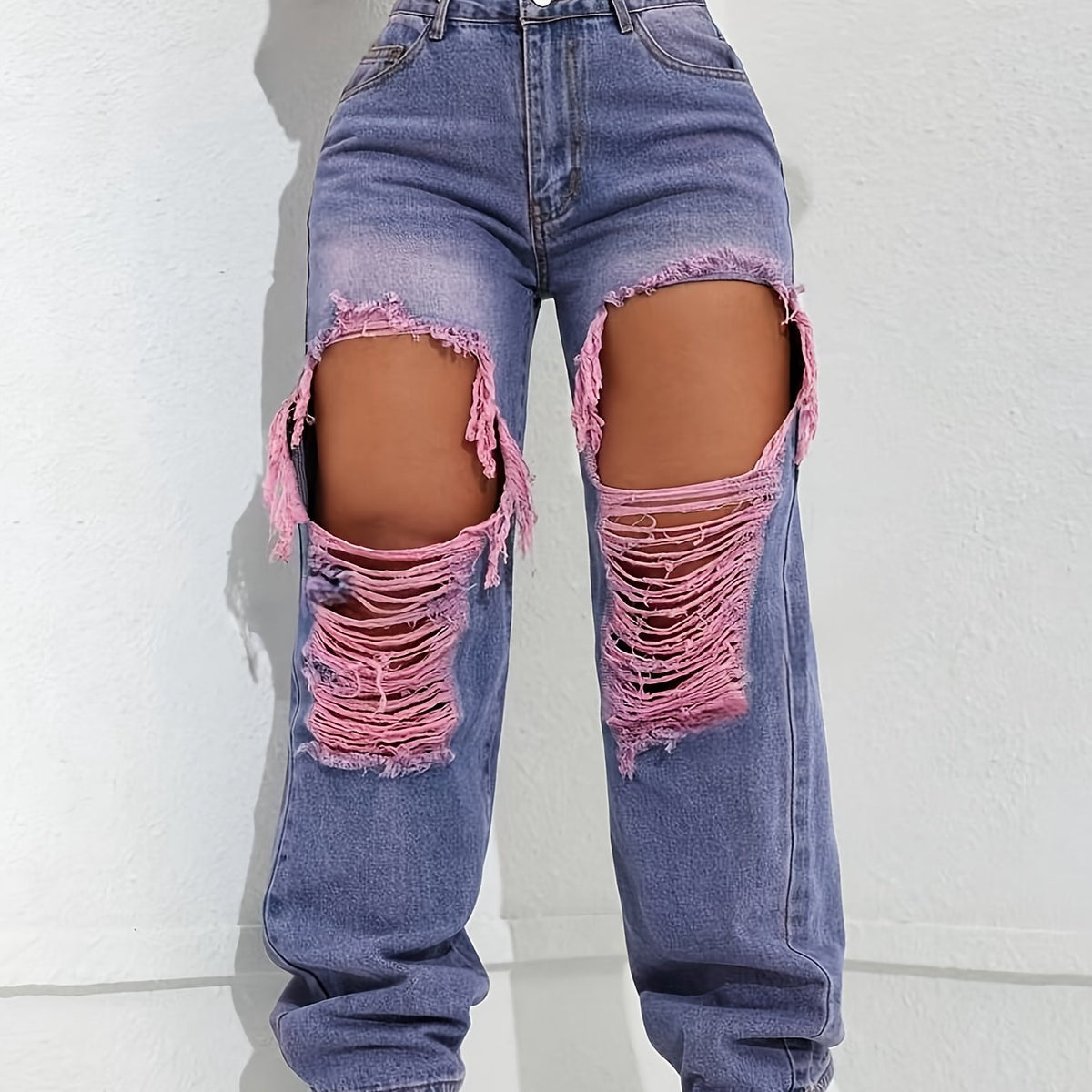 Trendy Retro High-Waisted Ripped Wide-Leg Jeans for Women - Distressed Denim with Pink Frayed Hems, Mid-Rise, Loose Fit, Machine Washable, All-Season Casual Wear SS69 34.69 Pink Red Color / XL