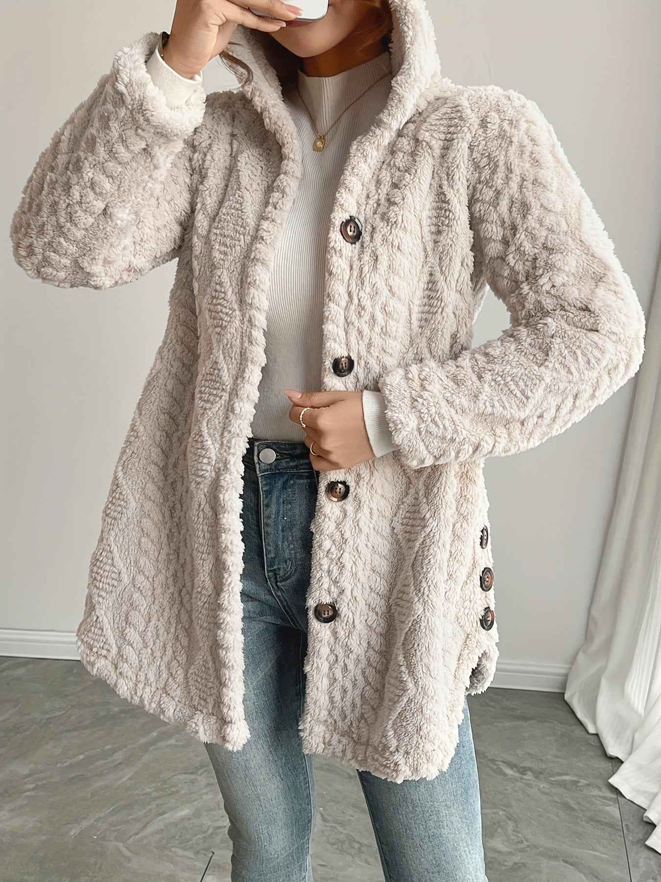 [Elegant Faux Fur Cardigan] Warm & Stylish Elegant Beige Faux Fur Hooded Cardigan for Women | Long Sleeve, Button-Up Mid-Length Winter Coat with Pockets, Cozy Fall/Winter Outerwear, Structured Design