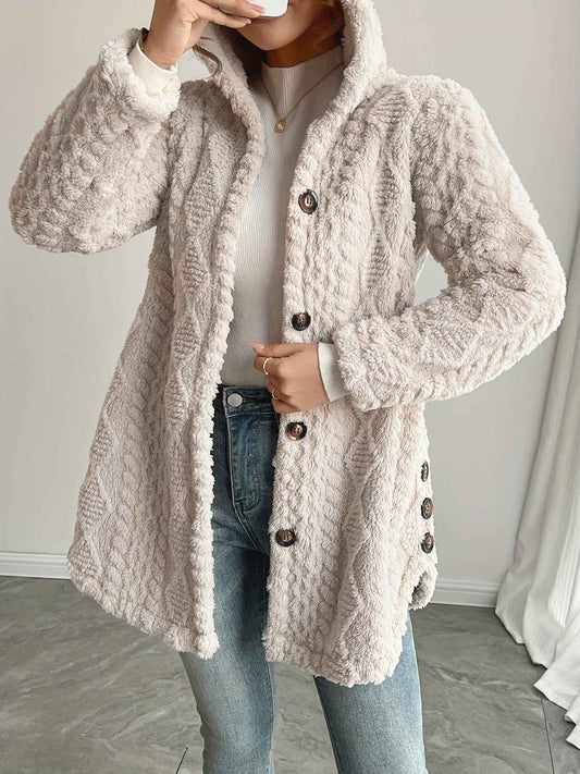 [Elegant Faux Fur Cardigan] Warm & Stylish Elegant Beige Faux Fur Hooded Cardigan for Women | Long Sleeve, Button-Up Mid-Length Winter Coat with Pockets, Cozy Fall/Winter Outerwear, Structured Design