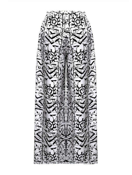 Newspaper Print Wide Leg Pockets Pants, Casual & Versatile High Waist Pants For Spring & Summer, Women's Clothing SS69