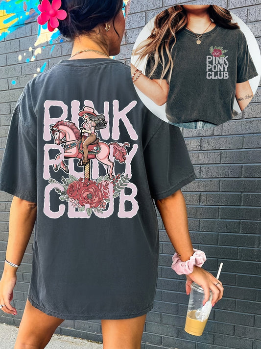 Fashionable Casual Short-Sleeve Summer T-Shirt for Women with a Round Neck, Featuring a Printed Design of a Western Cowgirl on The Front And Back. SS69