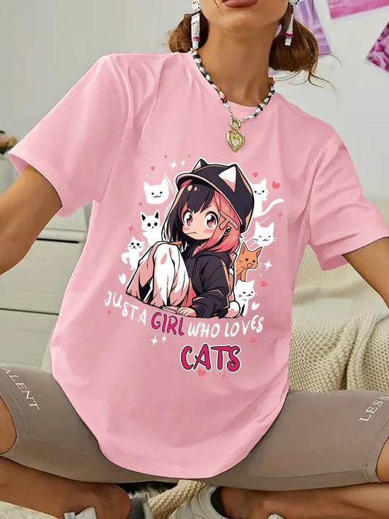 Anime Print T-shirt, Casual Short Sleeve Crew Neck Top For Spring & Summer, Women's Clothing SS69