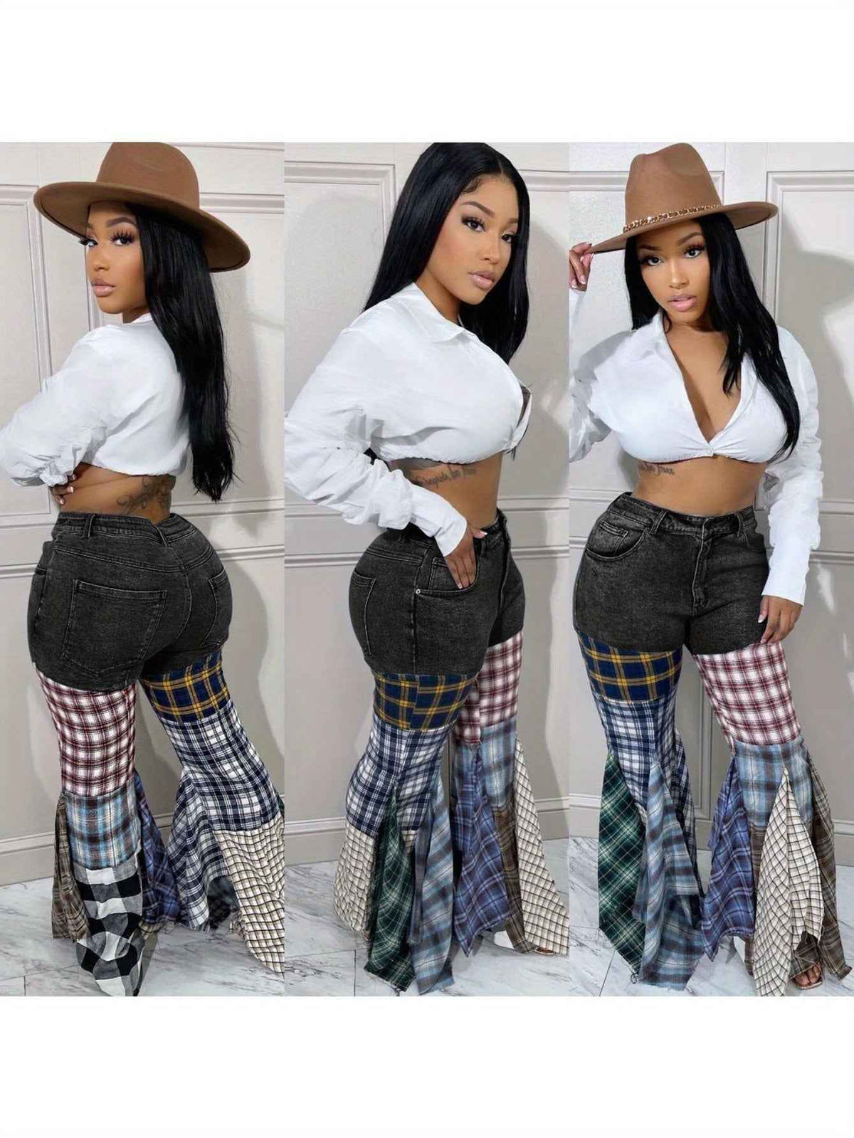 Denim Trousers for Women with a Houndstooth Pattern, Featuring Flared Legs And Ruffles.